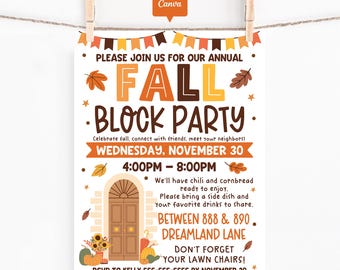 Fall Block Party Invitation Template: Editable Canva Flyer, Neighborhood Gathering Printable