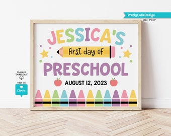Editable First day of Preschool Sign, Personalized 1st Day of School Printable Template, Girl Back to School Photo Prop, Instant Download