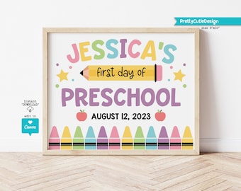 Editable First day of Preschool Sign, Personalized 1st Day of School Printable Template, Girl Back to School Photo Prop, Instant Download