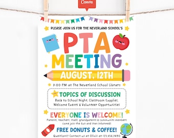 PTO PTA Meeting Flyer Printable, Back to School Event Flyer, Editable Canva Template, School Library Poster, Parent Teacher Meeting Invite