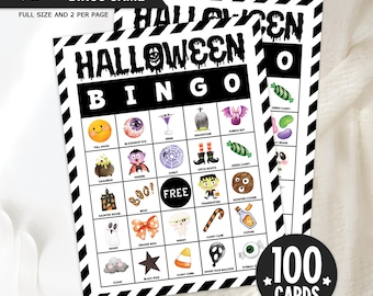 Halloween Bingo Game: 100 Unique Printable Cards (Instant Download