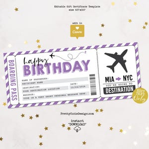 Lila Geburtstag Bordkarte Geschenkgutschein bearbeitbare Vorlage, Surprise Trip Ticket, Travel Pass Geschenkgutschein druckbare Coupon
