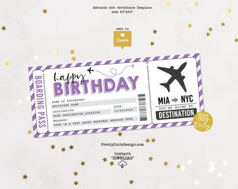 Purple Birthday Boarding Pass Gift Certificate Editable Template, Surprise Trip Ticket, Travel Pass Gift Voucher Printable Coupon