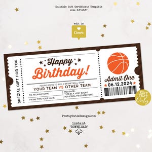 Chèque-cadeau de match de basket-ball imprimable, modèle modifiable de chèque-cadeau de basket-ball, billet surprise d'anniversaire, modèle de coupon d'anniversaire