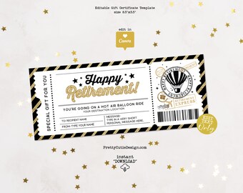 Hot Air Balloon Ride Surprise Tickets, Retirement Certificate Template, Hot Air Balloon Retirement Gift Editable Certificate, Surprise Trip