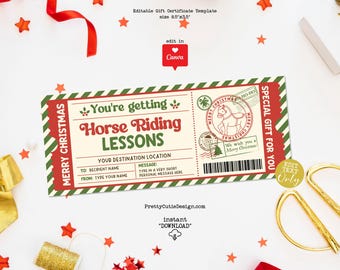 Christmas Horse Riding Lessons Gift Certificate Template Printable, Editable Horse Riding Gfit Certificate, Christmas Surprise Ticket Coupon