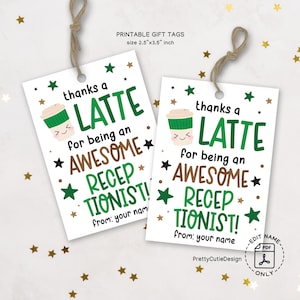 Etiqueta de presente para o dia da recepcionista para impressão, etiqueta de agradecimento "Thanks a Latte", etiqueta de agradecimento para escritório com tema de café, download instantâneo em PDF