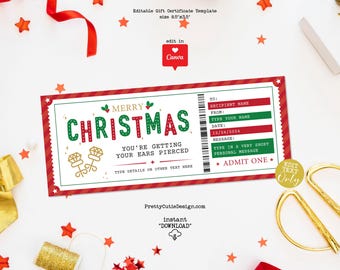 Editable Christmas Ear Piercing Surprise Gift Ticket Voucher, Holiday Ear Piercing Reveal Gift Certificate Template, Piercing Ticket Coupon
