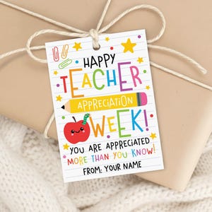 Teacher Appreciation Week Gift Tag Printable with Rainbow School Supplies and Heartfelt Message