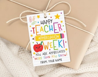 Etiqueta de regalo imprimible para la Semana de Agradecimiento a los Maestros con útiles escolares de arcoíris y un mensaje conmovedor.