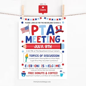 Patriotic PTA PTO Meeting Flyer Printable, Editable July Parent Teacher Meeting Sign, Back to School Prep, Canva Template for Summer Events