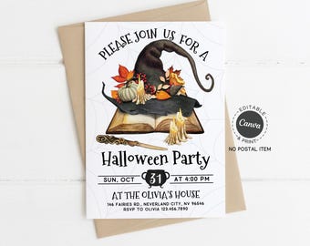 Witch Hat Halloween Party Invitation: Editable Canva Template (5x7" Printable Digital Download)