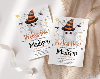 Editable Halloween Ghost Birthday Invitation for Kids, Peekaboo Party Printable Template, Cute October 31 Canva Invite for Girls or Boys
