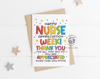 Happy Nurse Appreciation Week Card Printable, Thank You Card for Nurses, Digital Download, You Are Appreciated, Nurse Gift Idea