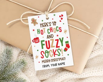 Christmas Gift Tags Printable, Hot Chocs and Fuzzy Socks, Cozy Winter Treat Labels