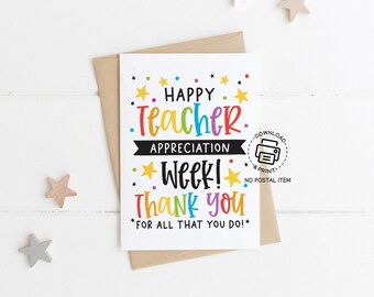 Teacher Appreciation Week Greeting Card Printable, Rainbow Thank You Card, Instant Download, Fun Teacher Gift, Print at Home Card