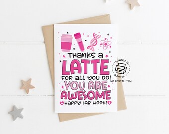 Thanks a Latte Medical Laboratory Professionals Week Card, Lab Week Appreciation Printable, Instant Download PDF Greeting Card