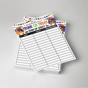 Printable editable trunk or treat sign-up form for Halloween, with cute Halloween cars and characters, organized layout for volunteer details, used in schools, community centers, and neighborhood parties.