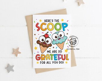 Ice Cream Teacher Appreciation Card Printable, Scoop of Gratitude Note for Teacher Staff School Employee, Instant Download