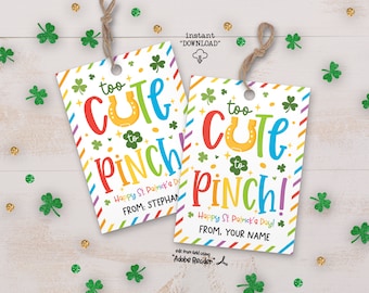 St Patrick Day Too Cute To Pinch Classroom Gift Tag Printable, St Patty's Day Classroom Treat Tags, Kids St Patricks Student Gift Tags