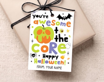 Halloween Caramel Apple Gift Tag, You're Awesome to the Core, Cute Spooky Favor Label, Name Personalization, Printable Digital File