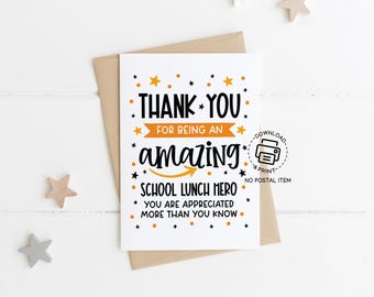 School Lunch Hero Day Printable Card, Thank You Card for Cafeteria Staff Appreciation, Black and Orange Lunch Hero Note for School Workers