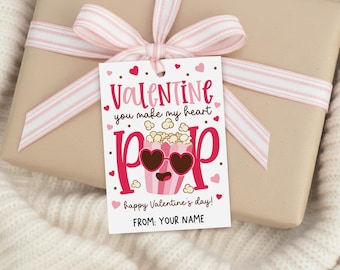 Popcorn Valentine Gift Tag, Heart Pop Printable, Movie Night School Favor Label, Digital Download