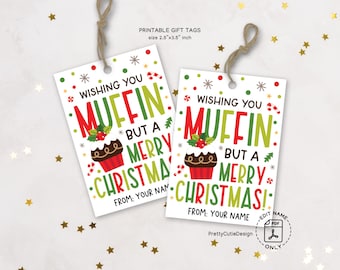 Christmas Gift Tags Printable, Wishing You Muffin Pun, Holiday Bakery Treat Labels