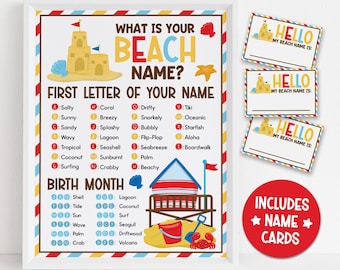 Beach Name Game Printable, Summer Party Activity for Kids, Vacation Camp Game, Ocean Birthday Classroom Game, Name Tags Instant Download