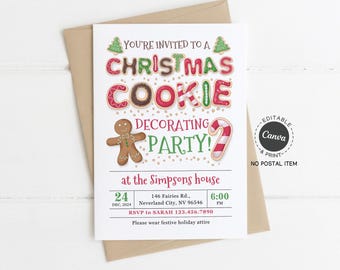 Christmas Cookie Decorating Party Invitation Template, Gingerbread & Candy Cane, Editable Canva, 5x7 Printable (Digital)