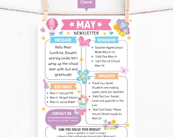 May Classroom Newsletter Template, Editable Monthly School Newsletter, End of Year Teacher Parent Updates, Printable Spring Canva Newsletter