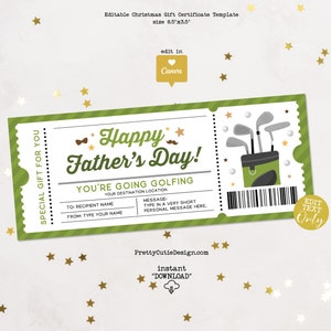 Modèle de certificat-cadeau de golf pour la fête des pères, bon de vente de billets de golf imprimable pour papa, cadeau d'expérience surprise Canva modifiable pour papa golfeur