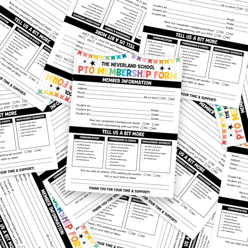 Rainbow themed PTO PTA flyer bundle with editable Canva files for yearly events calendar, membership form, meeting poster, and recruitment flyer. Instant download for schools and parent teacher groups.