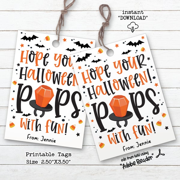 Printable Halloween Gift Tags, Hope Your Halloween POPS With Fun, Happy Halloween Ring Lollipop Treat Tag, Trick or Treat Candy Tag