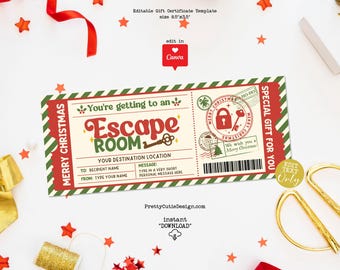Escape Room Christmas Gift Certificate Template Printable, Editable Pet Kitty Cat Gfit Voucher, Christmas Surprise Ticket Coupon For Kids