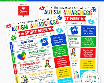 Autism Awareness Spirit Week Flyer Template, School Spirit Week Schedule, Editable Canva Template, Printable Spirit Wear Event Flyer