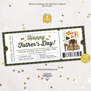 Chèque-cadeau modifiable pour la fête des pères, bon de pêche imprimable pour papa, modèle de billet Canva, téléchargement immédiat