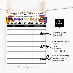 Halloween trunk or treat volunteer sheet featuring colorful cartoon pumpkins, bats, and spooky van decorations, formatted for easy participant tracking during October events at schools or churches.