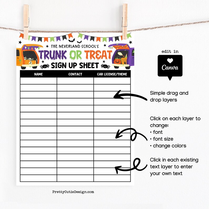 Halloween trunk or treat volunteer sheet featuring colorful cartoon pumpkins, bats, and spooky van decorations, formatted for easy participant tracking during October events at schools or churches.