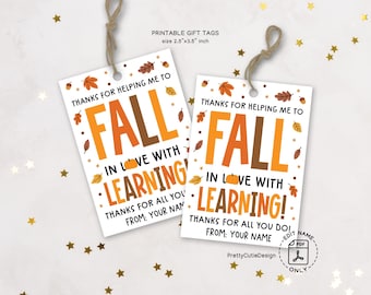 Thanksgiving Gift Tags Printable: Fall in Love with Learning Teacher Appreciation Favor Label