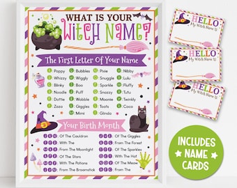 Witch Name Game Printable Poster: Halloween Party Activity with Name Cards, PDF Download
