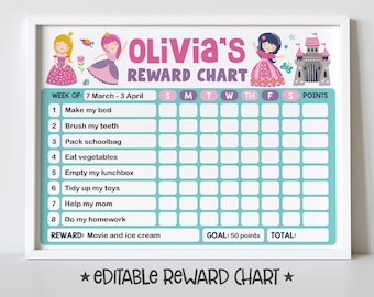 Princess Reward Chart for Kids, Simple Kids Editable Reward Chart - Digital Template INSTANT DOWNLOAD