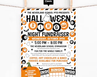 Halloween Bingo Night Flyer Template — Spooky Fundraiser Invitation, School Event Editable Canva
