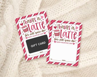 Valentine Gift Card Holder Printable, Thanks A Latte Design, Coffee Appreciation Note, Digital Download