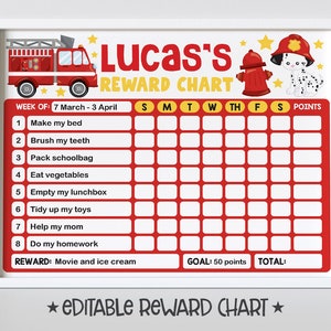 Firefighter Reward Chart for Kids, Simple Kids Editable Reward Chart - Digital Template INSTANT DOWNLOAD