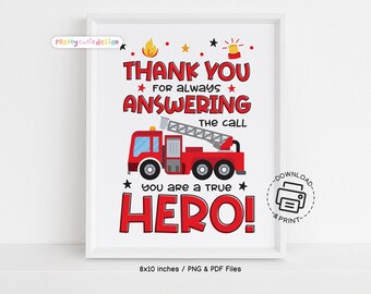 Firefighter Appreciation Sign Printable, Thank You Firefighter Poster, Fire Truck Hero Wall Art, Firefighters Day Decoration Download