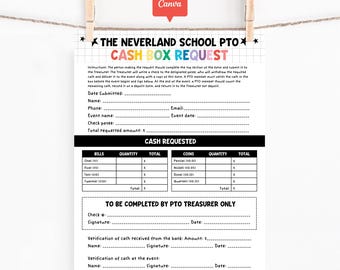 PTA/PTO Cash Box Request Form, Editable Canva Template, School Fundraiser Treasurer Printable