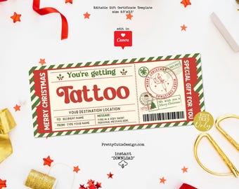 Tattoo Gift Certificate Template, Christmas Gift Ticket Template, Tattoo Voucher from Santa, Personalized Gift Printable Surprise Christmas