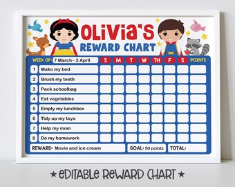 Snow White Reward Chart for Kids, Simple Kids Editable Reward Chart - Digital Template INSTANT DOWNLOAD