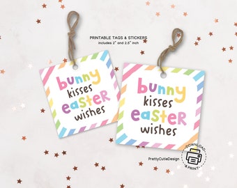 Easter Printable Gift Tags, Bunny Kisses Easter Wishes Gift Tag Printable, Bunny Easter Gift Tag, Cookie Square Gift Tag or Favor Stickers